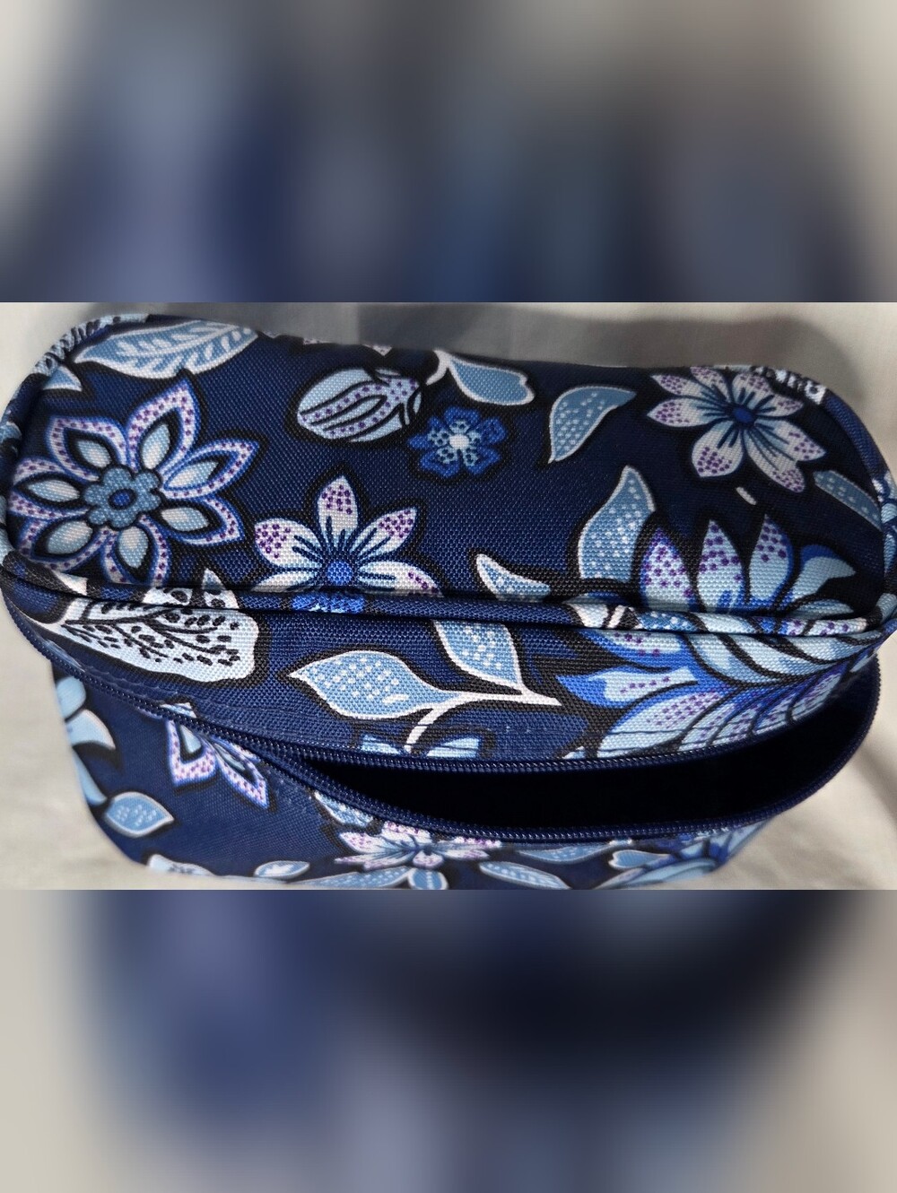 Vera Bradley Blue Tapestry Floral Paisley Lined Med Zip Travel Makeup Bag Pouch